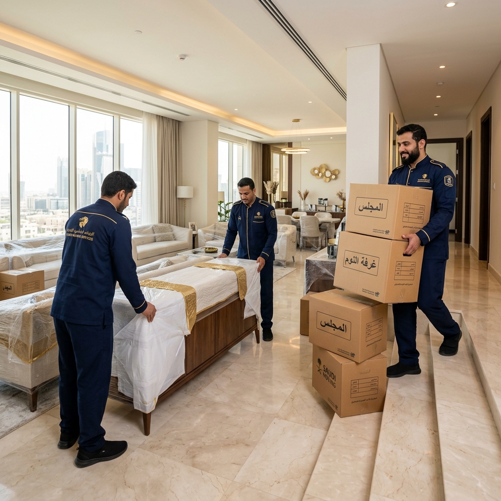 فريق عمل شركة الأوائل لنقل العفش يغلف الأثاث بعناية داخل شقة بالرياض
