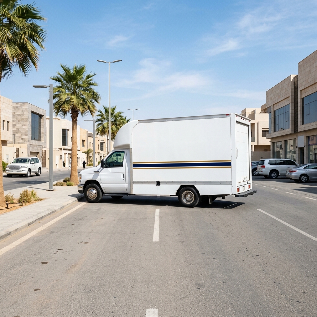 شاحنة نقل عفش مغلقة تابعة لشركة الأوائل لنقل العفش بالرياض تقف بجانب فيلا سكنية